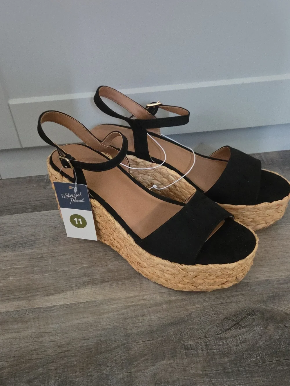 Women’s Black Espadrille Wedge Sandals with Ankle Strap, Size 11, New In Box